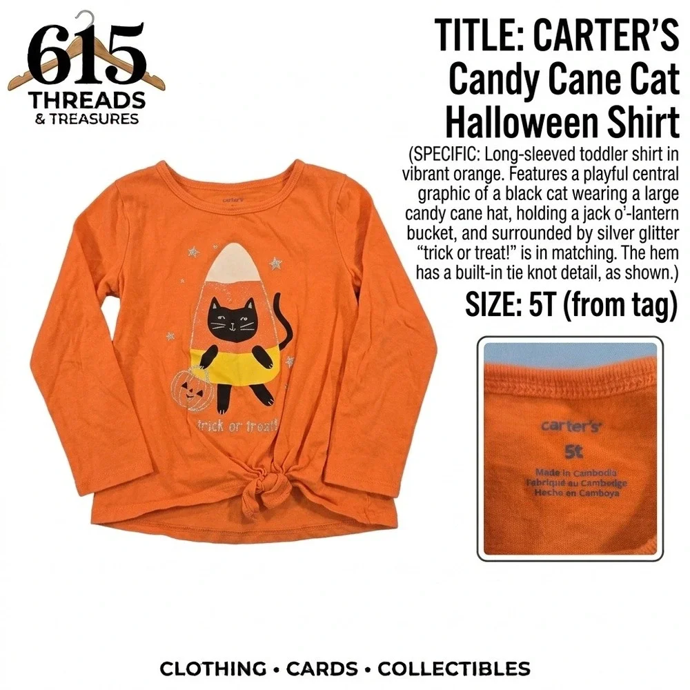 Carters Girls Orange Halloween Black Cat Candy Corn Tie Front Shirt 5T
